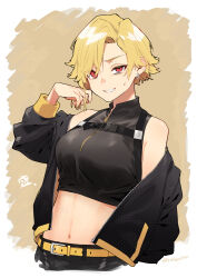 Rule 34 | 1girl, absurdres, belt, belt buckle, black jacket, black pants, black shirt, blonde hair, breasts, brown background, buckle, commentary request, earrings, hair between eyes, hand up, highres, jacket, jewelry, long sleeves, looking at viewer, medium breasts, midriff, navel, off shoulder, open clothes, open jacket, original, pants, parted bangs, puffy long sleeves, puffy sleeves, red eyes, reiga (act000), shirt, sleeveless, sleeveless shirt, small sweatdrop, solo, sweat, two-tone background, v-shaped eyebrows, white background, yellow belt