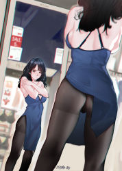 Rule 34 | 1girl, absurdres, artist name, ass, bare arms, bare legs, bare shoulders, black hair, black pantyhose, blue dress, blurry, blurry foreground, breasts, brown eyes, china dress, chinese clothes, chromatic aberration, cleavage, clothes lift, commentary request, covering privates, covering chest, crossed arms, dated, depth of field, dress, dress lift, from behind, highres, hitomi o, indoors, long hair, medium breasts, mirror, original, pantyhose, reflection, shop, side slit, solo, standing