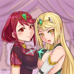 Rule 34 | &gt;:o, 2girls, :d, :o, bare shoulders, blonde hair, blush, breast press, breasts, earrings, from side, half-closed eyes, jewelry, large breasts, long hair, looking at viewer, maofan (nekohan), multiple girls, mythra (xenoblade), nintendo, open mouth, pyra (xenoblade), red eyes, red hair, short hair, smile, swept bangs, symmetrical docking, tiara, upper body, v-shaped eyebrows, xenoblade chronicles (series), xenoblade chronicles 2