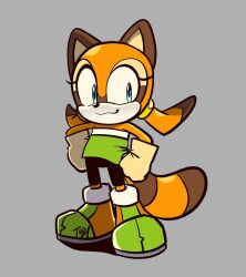 Rule 34 | animal ears, animal nose, blue eyes, closed mouth, commentary, english commentary, full body, furry, furry female, gloves, green shirt, grey background, hands on own hips, highres, looking at viewer, low twintails, marine the raccoon, raccoon ears, raccoon girl, raccoon tail, shirt, shoes, smile, solo, sonic (series), sonic rush adventure, standing, strapless, strapless shirt, tail, toby s., twintails