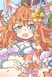 Rule 34 | 1girl, absurdres, animal ears, bare shoulders, blue eyes, breasts, eight-tailed fox nari, flower, fox ears, guardian tales, hair flower, hair ornament, hand on own stomach, highres, long hair, looking at viewer, official alternate costume, open mouth, orange hair, pota, simple background, solo, swimsuit