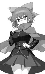 Rule 34 | 1girl, bow, breasts, cape, closed mouth, cowboy shot, greyscale, hair bow, long sleeves, looking at viewer, medium breasts, monochrome, onkn sxkn, pleated skirt, sekibanki, shirt, short hair, simple background, skirt, solo, touhou, white background