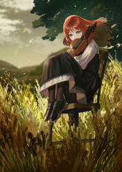 Rule 34 | 1girl, black footwear, black pantyhose, black skirt, blue eyes, blush, chair, cloud, cloudy sky, day, dress, floating hair, full body, high-waist skirt, holding instrument, holding violin, instrument, knees up, light particles, long hair, long sleeves, looking at viewer, noki (affabile), original, outdoors, pantyhose, pinafore dress, red hair, shirt, shoes, sitting, skirt, sky, sleeveless, sleeveless dress, solo, violin, wheat, white shirt