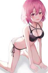 Rule 34 | 1girl, absurdres, all fours, bare arms, bare shoulders, bikini, black bikini, breasts, cleavage, highres, looking at viewer, lucid (maplestory), maplestory, medium breasts, muyang, open mouth, pink hair, pointy ears, red eyes, shadow, short hair, side-tie bikini bottom, simple background, smile, solo, swimsuit, thighs, white background