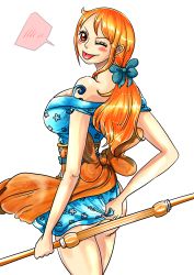 Rule 34 | 1girl, absurdres, bare shoulders, breasts, highres, japanese clothes, kimono, large breasts, long hair, looking at viewer, nami (one piece), one piece, orange eyes, orange hair, ribbon, short kimono, sideboob, smile, solo, tattoo, wavy hair