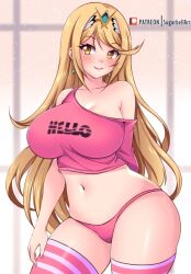 Rule 34 | 1girl, blonde hair, breasts, cleavage, closed mouth, cowboy shot, crop top, english text, large breasts, long hair, looking to the side, midriff, mythra (xenoblade), navel, panties, pink panties, smile, solo, stomach, strap slip, sugarbell, thighhighs, thighs, underwear, xenoblade chronicles (series), xenoblade chronicles 2, yellow eyes