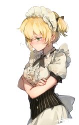 Rule 34 | 1girl, :t, alternate costume, black neckwear, blonde hair, blouse, blush, braid, breasts, closed mouth, collared shirt, corset, crossed arms, enmaided, frills, girls&#039; frontline, green eyes, imoko (imonatsuki), looking down, maid, maid headdress, medium breasts, playing games, pout, puffy short sleeves, puffy sleeves, shirt, short hair, short sleeves, sidelocks, simple background, skirt, solo, tsurime, twintails, upper body, welrod mkii (girls&#039; frontline), white background, white skirt
