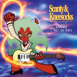 Rule 34 | 1girl, album cover, colored skin, cover, electric guitar, formal, green eyes, green hair, guitar, instrument, macaroni and cheese (artist), matching hair/eyes, necktie, official style, panty &amp; stocking with garterbelt, parody, red skin, scanty (psg), solo, suit, yngwie malmsteen