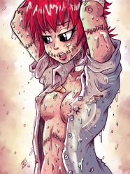 Rule 34 | 1girl, bdsm, blush, bondage, bound, breasts, cleavage, colored skin, covered erect nipples, hanako, hands up, highres, monster girl, navel, nipples, open clothes, open shirt, original, pink skin, purple eyes, red hair, shirt, short hair, stitches, swamimen, swamitsunami, sweat, torn clothes, torn shirt, wet, zombie girl