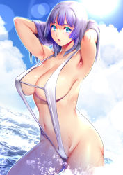 Rule 34 | 1girl, armpits, blue eyes, blue sky, blush, breasts, cowboy shot, day, hands up, highres, large breasts, long hair, looking at viewer, navel, ocean, one-piece swimsuit, original, outdoors, parted lips, purple hair, saigado, sky, slingshot swimsuit, solo, standing, sweat, swimsuit, wading, white one-piece swimsuit