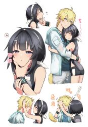 Rule 34 | 1boy, 1girl, 9kugai, absurdres, ahoge, arknights, arms up, bare shoulders, bird girl, black hair, black shirt, black shorts, blonde hair, blue jacket, blue shirt, bracelet, breasts, brother and sister, cropped legs, cropped torso, dog boy, feather hair, grey pants, hair intakes, hair ribbon, hairband, hand on another&#039;s chin, hands on another&#039;s head, heart, highres, hug, infection monitor (arknights), jacket, jewelry, la pluma (arknights), multiple views, pants, purple eyes, ribbon, shirt, short hair, short sleeves, shorts, siblings, sleeveless, sleeveless shirt, smile, speech bubble, spoken heart, sweatdrop, tequila (arknights), translation request, white hairband, white ribbon, zipper pull tab