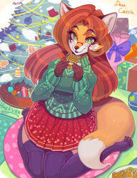 Rule 34 | 1girl, :3, animal ear fluff, animal ears, animal feet, animal nose, artist name, bauble, blush, body fur, bow, box, breasts, bright pupils, brown hair, candy, candy cane, christmas ornaments, christmas tree, claws, cookie, cushion, english text, female focus, food, fox ears, fox girl, fox tail, full body, furry, furry female, gift, gift box, gingerbread man, glasses, green eyes, green sweater, hands up, happy, heart, highres, holding, holding cookie, holding food, indoors, large breasts, long hair, long sleeves, looking at viewer, miniskirt, open mouth, original, outline, pince-nez, plate, pleated skirt, purple-framed eyewear, purple bow, purple thighhighs, red skirt, semi-rimless eyewear, sidelocks, signature, sitting, skirt, smile, snout, snow, solo, sweater, syuriusuhusky, tail, thighhighs, toeless legwear, two-tone fur, wariza, white fur, white pupils, yellow fur