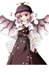 Rule 34 | 1girl, :d, animal ears, female focus, hand on another&#039;s chest, hand on own chest, hat, long sleeves, lowres, music, musical note, mystia lorelei, open mouth, outstretched hand, pink eyes, pink hair, sample watermark, short hair, simple background, singing, smile, solo, sui., sui. (ayase), touhou, watermark, wide sleeves, wings