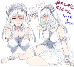 Rule 34 | 2girls, anklet, aqua nails, armlet, blush, bracelet, breasts, carmilla (fate), cleavage, closed eyes, commentary request, cosplay, covering own mouth, domino mask, dress, embarrassed, euryale (fate), euryale (fate) (cosplay), euryale (third ascension) (fate), fate/grand order, fate (series), fingernails, hairband, highres, jewelry, large breasts, long fingernails, mask, multiple girls, nail polish, nose blush, orange eyes, sandals, sleeveless, sleeveless dress, spoken blush, torichamaru, translation request, trembling, twintails, white background, white dress, white hair
