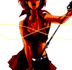 Rule 34 | 1girl, brown hair, c kago, head out of frame, meiko (vocaloid), microphone stand, midriff, open mouth, short hair, simple background, skirt, solo, vocaloid