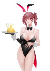 Rule 34 | 1girl, absurdres, animal ears, azur lane, bare shoulders, bow, bowtie, breasts, brown hair, champagne flute, cleavage, commentary, covered erect nipples, cup, drill hair, drinking glass, duca degli abruzzi (azur lane), earrings, fingernails, fishnets, glass, highres, holding, holding tray, jewelry, large breasts, leotard, looking at viewer, manjuu (azur lane), nail polish, ohisashiburi, playboy bunny, rabbit ears, red eyes, red nails, side drill, side ponytail, simple background, skindentation, solo, tray, white background