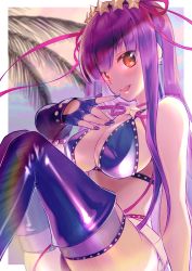 Rule 34 | 1girl, absurdres, bare shoulders, bb (fate), bb (fate) (all), bb (swimsuit mooncancer) (fate), bb (swimsuit mooncancer) (second ascension) (fate), bead bracelet, beads, belt, bikini, black gloves, black shorts, black thighhighs, blue sky, blush, bracelet, breasts, cleavage, fate/grand order, fate (series), fingerless gloves, gloves, goo-yan (ogura tomomi), hair ornament, hair ribbon, hairband, highres, jewelry, knees up, large breasts, long hair, looking at viewer, loose belt, micro shorts, nail polish, neck ribbon, open mouth, palm tree, pink sky, purple bikini, purple hair, red eyes, ribbon, shorts, sitting, sky, smile, solo, star (symbol), star hair ornament, swimsuit, thighhighs, thighs, tree, twilight, very long hair, white belt