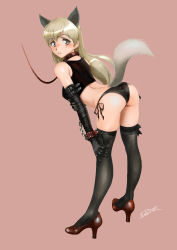 Rule 34 | 1girl, absurdres, alternate costume, animal ears, arched back, ass, bad id, bad pixiv id, black panties, black thighhighs, blush, breasts, brown eyes, collar, eila ilmatar juutilainen, fox ears, fox tail, full body, highres, large breasts, leash, looking back, panties, pink background, shibata masahiro, side-tie panties, simple background, solo, strike witches, tail, tank top, thighhighs, underwear, white hair, world witches series