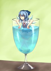 Rule 34 | 1girl, :t, bad id, bad pixiv id, blue eyes, blue hair, bow, cirno, cup, daigada, dress, glass, green background, hair bow, highres, in container, in cup, matching hair/eyes, mini person, minigirl, mundane utility, partially submerged, pout, ribbon, short hair, solo, touhou, water, wings