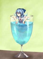 Rule 34 | 1girl, :t, bad id, bad pixiv id, blue eyes, blue hair, bow, cirno, cup, daigada, dress, female focus, glass, green background, hair bow, highres, in container, in cup, matching hair/eyes, mini person, minigirl, mundane utility, partially submerged, pout, ribbon, short hair, solo, touhou, water, wings