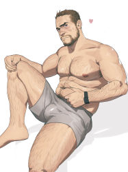 Rule 34 | 1boy, absurdres, animification, arm hair, bara, beard, belly grab, blush, boxers, brown hair, bulge, chest hair, facial hair, foot out of frame, grey male underwear, hairy, heart, highres, knee up, kuben blisk, large pectorals, leg hair, male focus, male underwear, mature male, muscular, muscular male, navel, navel hair, nipples, old, old man, pectorals, philipposole, short hair, sideburns, solo, stomach, thick thighs, thighs, titanfall (series), titanfall 2, underwear, underwear only