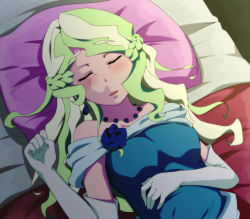 Rule 34 | 1girl, absurdres, animeeru, bare shoulders, bed, blue flower, blue rose, blush, braid, breasts, diana cavendish, dress, elbow gloves, female focus, flower, french braid, from above, gloves, highres, indoors, jewelry, little witch academia, long hair, lying, multicolored hair, necklace, nose blush, off shoulder, on bed, parted lips, pillow, rose, sleeping, small breasts, solo, two-tone hair, upper body