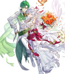 Rule 34 | 1boy, 1girl, alternate costume, armpits, bird, bouquet, bow, breasts, cape, couple, crossed arms, dress, feathered wings, feathers, fire emblem, fire emblem: radiant dawn, fire emblem heroes, flower, full body, gloves, green hair, grey hair, hair ribbon, high heels, highres, holding, holding knife, holding weapon, knife, leaf, long hair, medium breasts, micaiah (fire emblem), nintendo, official art, one eye closed, open mouth, red ribbon, ribbon, sothe (fire emblem), teffish, torn clothes, transparent background, veil, weapon, wedding dress, white dress, white footwear, white gloves, wings, yellow eyes, yune (fire emblem)