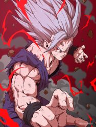 Rule 34 | 1boy, absurdres, closed mouth, commentary request, dougi, dragon ball, dragon ball super, dragon ball super super hero, electricity, fighting stance, floating rock, gohan beast, highres, horang4628, korean commentary, long hair, looking at viewer, male focus, martial arts, muscular, muscular male, pants, purple pants, purple shirt, red eyes, red lightning, serious, shirt, sleeveless, sleeveless shirt, solo, son gohan, spiked hair, twitter username, watermark, white hair