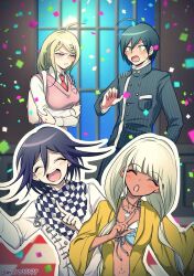 Rule 34 | 2boys, 2girls, :o, ahoge, akamatsu kaede, artist name, backpack, bag, bead necklace, beads, bikini, blonde hair, blush, breast pocket, breasts, buttons, checkered clothes, checkered scarf, closed eyes, collarbone, confetti, danganronpa (series), danganronpa v3: killing harmony, dark-skinned female, dark skin, double-breasted, facing viewer, fortissimo, frown, grey jacket, hair ornament, hand up, jacket, jewelry, large breasts, long hair, long sleeves, low twintails, multiple boys, multiple girls, musical note, musical note hair ornament, navel piercing, necklace, necktie, oma kokichi, open clothes, open jacket, open mouth, piercing, pink sweater vest, pocket, saihara shuichi, scarf, shachoo (poco poco), shell, shell necklace, shirt, smile, striped clothes, striped jacket, sweater vest, swimsuit, twintails, upper body, white shirt, window, yellow jacket, yonaga angie