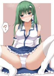 Rule 34 | 1girl, ?, absurdres, bad id, bad pixiv id, bare shoulders, blue eyes, blue skirt, blush, border, bra, breasts, brown background, cleavage, collarbone, commentary request, detached sleeves, frog hair ornament, green hair, hair ornament, hair tubes, head tilt, highres, kochiya sanae, large breasts, looking at viewer, no shoes, outside border, panties, pantyshot, petticoat, shirt, simple background, sitting, skirt, smile, snake hair ornament, solo, spoken question mark, spread legs, techi (techi35499), thighhighs, thighs, touhou, underwear, white border, white bra, white panties, white shirt, white thighhighs