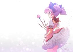 Rule 34 | 1girl, blush, bow, branch, closed mouth, commentary request, dated, dress, flower, from side, gloves, gradient background, grey background, hair bow, kaname madoka, koruri, looking away, magical girl, mahou shoujo madoka magica, mahou shoujo madoka magica (anime), pink dress, pink flower, pink hair, pink rose, profile, puffy short sleeves, puffy sleeves, red bow, red eyes, rose, short sleeves, short twintails, signature, solo, twintails, twitter username, white background, white dress, white gloves