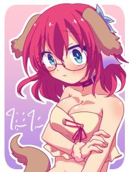 Rule 34 | 1girl, animal ears, bare shoulders, blue eyes, blush, breasts, cleavage, collar, commentary request, dog ears, dog tail, fake animal ears, fake tail, flower, glasses, hair flower, hair ornament, highres, looking at viewer, medium breasts, no game no life, red hair, short hair, solo, stephanie dora, tail, upper body, yuiti hinata