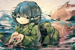 Rule 34 | 1girl, absurdres, blue eyes, blue hair, commentary request, drill hair, drill sidelocks, fins, green kimono, head fins, highres, japanese clothes, kimono, long sleeves, looking at viewer, mermaid, monster girl, outdoors, piaki, short hair, sidelocks, solo, touhou, wakasagihime, water