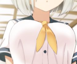 Rule 34 | 1girl, :o, bad id, bad pixiv id, blue sailor collar, blurry, blurry background, breast focus, breasts, engiyoshi, hamakaze (kancolle), head out of frame, kantai collection, large breasts, open mouth, out of frame, sailor collar, school uniform, serafuku, short hair, short sleeves, silver hair, solo, yellow neckwear