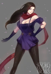 Rule 34 | 1girl, bare shoulders, battle tendency, black hair, blue eyes, breasts, cleavage, closed mouth, commentary, dress, earrings, english commentary, facing viewer, gloves, hand on own hip, highres, jewelry, jojo no kimyou na bouken, large breasts, lisa lisa, long hair, looking at viewer, mature female, pantyhose, purple dress, red scarf, scarf, smile, solo, standing, swordwaltz