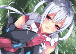 Rule 34 | 1girl, :d, ahoge, armor, blush, dutch angle, elbow gloves, eyebrows, gloves, grey hair, hair between eyes, innocent cluster, long hair, looking at viewer, matoi (pso2), milkpanda, open mouth, own hands together, phantasy star, phantasy star online 2, red eyes, red gloves, smile, solo, tree, upper body