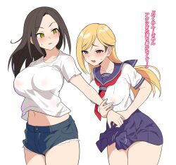 Rule 34 | 2girls, absurdres, averting eyes, black hair, blonde hair, blue sailor collar, blue shorts, blue skirt, blush, breasts, bulge, collarbone, commentary, commission, cowboy shot, crop top, cutoffs, denim, denim shorts, ear piercing, earrings, erection, erection under clothes, fujimoto rina, futanari, genmon, green eyes, grey eyes, hand on another&#039;s arm, highres, idolmaster, idolmaster cinderella girls, jewelry, large breasts, leaning forward, long hair, looking at another, looking to the side, midriff, miniskirt, motion lines, mukai takumi, multicolored hair, multiple girls, navel, neckerchief, open mouth, parted bangs, parted lips, piercing, pixiv commission, pleated skirt, pocket, raised eyebrows, red neckerchief, sailor collar, school uniform, see-through, serafuku, shirt, short sleeves, shorts, simple background, skirt, standing, stomach, streaked hair, sweatdrop, swept bangs, translated, two-tone hair, white background, white shirt
