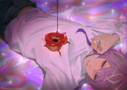 Rule 34 | 1boy, abstract background, amemura ramuda, black pants, blue eyes, commentary, cowboy shot, doughnut, english commentary, food, food on body, hair between eyes, hand up, hatorihatelier, heart-shaped food, hole in chest, hole on body, hypnosis mic, long sleeves, looking at viewer, looking to the side, lying, male focus, midriff peek, on back, pants, parted lips, pink hair, pouring, shirt, short hair, sidelocks, solo, upside-down, white shirt