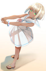 Rule 34 | 1girl, bare arms, bare shoulders, black footwear, blue neckerchief, blush, closed mouth, comah, commentary request, dark-skinned female, dark skin, dress, full body, green eyes, highres, interlocked fingers, light brown hair, looking at viewer, neckerchief, original, outstretched arm, pleated dress, sailor collar, sailor dress, sandals, short hair, smile, solo, standing, white background, white dress, white sailor collar