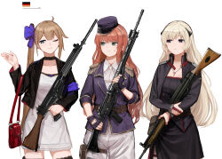 Rule 34 | 3girls, armband, ascot, bag, battle rifle, belt, black dress, black jacket, black thighhighs, blonde hair, blue armband, blue bow, blue eyes, blue gloves, blue headwear, bow, brown hair, closed mouth, collarbone, collared shirt, cowboy shot, cowlick, cross, cross necklace, dress, dress shirt, epaulettes, fal (girls&#039; frontline), fingerless gloves, fn fal, g3 (girls&#039; frontline), german flag, girls&#039; frontline, gloves, green eyes, gun, h&amp;k g3, hair between eyes, hair bow, hat, highres, holding, holding gun, holding weapon, jacket, jewelry, leather belt, long hair, military hat, military jacket, multiple girls, necklace, one eye closed, open mouth, orange hair, pouch, purple eyes, rampart1028, red bag, rifle, shirt, shoulder bag, side ponytail, sidelocks, sig-510 (girls&#039; frontline), sig sg510, simple background, smile, standing, sweatdrop, thigh pouch, thighhighs, very long hair, weapon, white ascot, white background, white dress, white shirt