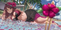 Rule 34 | 1girl, absurdres, beach, bikini, black sarong, blue sky, breasts, brown hair, cleavage, cloud, dorothea arnault, dorothea arnault (summer), elbow rest, fire emblem, fire emblem: three houses, fire emblem heroes, flower, green eyes, hat, hat flower, highres, large breasts, lying, navel, nintendo, official alternate costume, on side, palm tree, petals, petals on liquid, red flower, sarong, silvertsuki, sky, solo, stomach, sun hat, swimsuit, tree, water