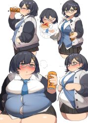 Rule 34 | ..., 1girl, blue archive, blue eyes, blue necktie, blush, breasts, buttons, can, canned coffee, chihiro (blue archive), closed eyes, closed mouth, commentary request, cowboy shot, cropped legs, dot nose, drink can, drinking, eating, fat, food, from side, glasses, hair between eyes, hair ornament, hand in pocket, highres, holding, holding food, holding pizza, long sleeves, looking at viewer, medium breasts, medium hair, multiple views, necktie, nimo (b45ui), parted lips, pizza, pizza slice, pleated skirt, puff of air, semi-rimless eyewear, simple background, skirt, sweatdrop, taut clothes, thick arms, thick thighs, thighs, under-rim eyewear, weight gain, white background, wing collar