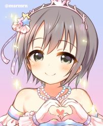 Rule 34 | 1girl, bad id, bad pixiv id, bare shoulders, blue background, blush, brown eyes, brown hair, closed mouth, dress, gloves, gradient background, hair between eyes, hair ornament, heart, heart hands, idolmaster, idolmaster cinderella girls, jewelry, mashiro miru, necklace, otokura yuuki, pearl necklace, pink background, smile, solo, sparkle, star (symbol), star hair ornament, strapless, strapless dress, tiara, upper body, white gloves