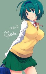 Rule 34 | 1girl, ahoge, bag, breasts, character name, copyright name, fujii jun, green background, green hair, green skirt, hairband, large breasts, long sleeves, pleated skirt, school uniform, short hair, simple background, skirt, smile, solo, sweater vest, to heart (series), to heart 2, yoshioka chie