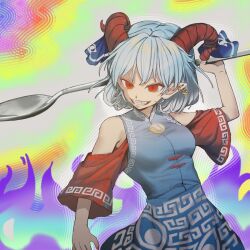 Rule 34 | 1girl, blue dress, blue ribbon, breasts, comically large spoon (meme), commentary request, curled horns, dress, ear piercing, grey hair, highres, holding, holding spoon, horn ornament, horn ribbon, horns, medium breasts, meme, multicolored background, piercing, pointy ears, red eyes, red horns, red sleeves, ribbon, short hair, solo, spoon, touhou, toutetsu yuuma, zeikomi