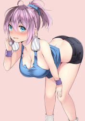 Rule 34 | 1girl, aoba (kancolle), ass, black shorts, blue eyes, blue scrunchie, blue shirt, blush, breasts, butt crack, cleavage, collarbone, commentary request, hair between eyes, hair ornament, hair scrunchie, hand on own knee, highres, kantai collection, kuromayu, large breasts, leaning forward, looking at viewer, medium breasts, midriff, open mouth, pink background, ponytail, purple hair, purple wristband, scrunchie, shirt, short hair, short shorts, shorts, simple background, sleeveless, solo, sportswear, towel, towel around neck, white legwear, wristband