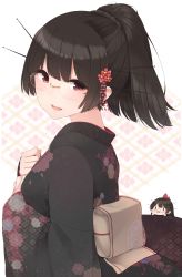Rule 34 | 10s, 1girl, absurdres, alternate costume, alternate hairstyle, black hair, breasts, choukai (kancolle), eyebrows, floral background, floral print, glasses, hair ornament, hand on own chest, headgear, highres, japanese clothes, kantai collection, kimono, long hair, looking at viewer, medium breasts, mini person, minigirl, obi, open mouth, ponytail, red eyes, rimless eyewear, sash, smile, solo, white background, yukichi (sukiyaki39)
