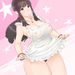 Rule 34 | apron, breasts, brown hair, chi-chi (dragon ball), dragon ball, large breasts, mole, mole on breast, naked apron, nipples, parted lips, pink crown (pinkcrownpink), see-through, thick thighs, thighs