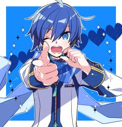 Rule 34 | 1boy, aiming, aiming at viewer, blue background, blue eyes, blue hair, blue nails, blue scarf, coat, commentary, finger gun, foreshortening, headset, heart, holding, holding microphone, kaito (vocaloid), kaito (vocaloid3), looking at viewer, male focus, microphone, nail polish, one eye closed, open mouth, scarf, see-through, smile, solo, sparkle, upper body, vocaloid, white coat, yoshiki, zipper, zipper pull tab