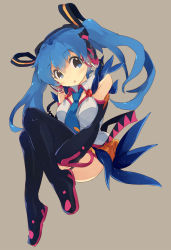Rule 34 | 1girl, blue eyes, blue hair, boots, detached sleeves, hatsune miku, headphones, hugging own legs, kitano yuusuke, matching hair/eyes, necktie, simple background, solo, thigh boots, thighhighs, twintails, vocaloid